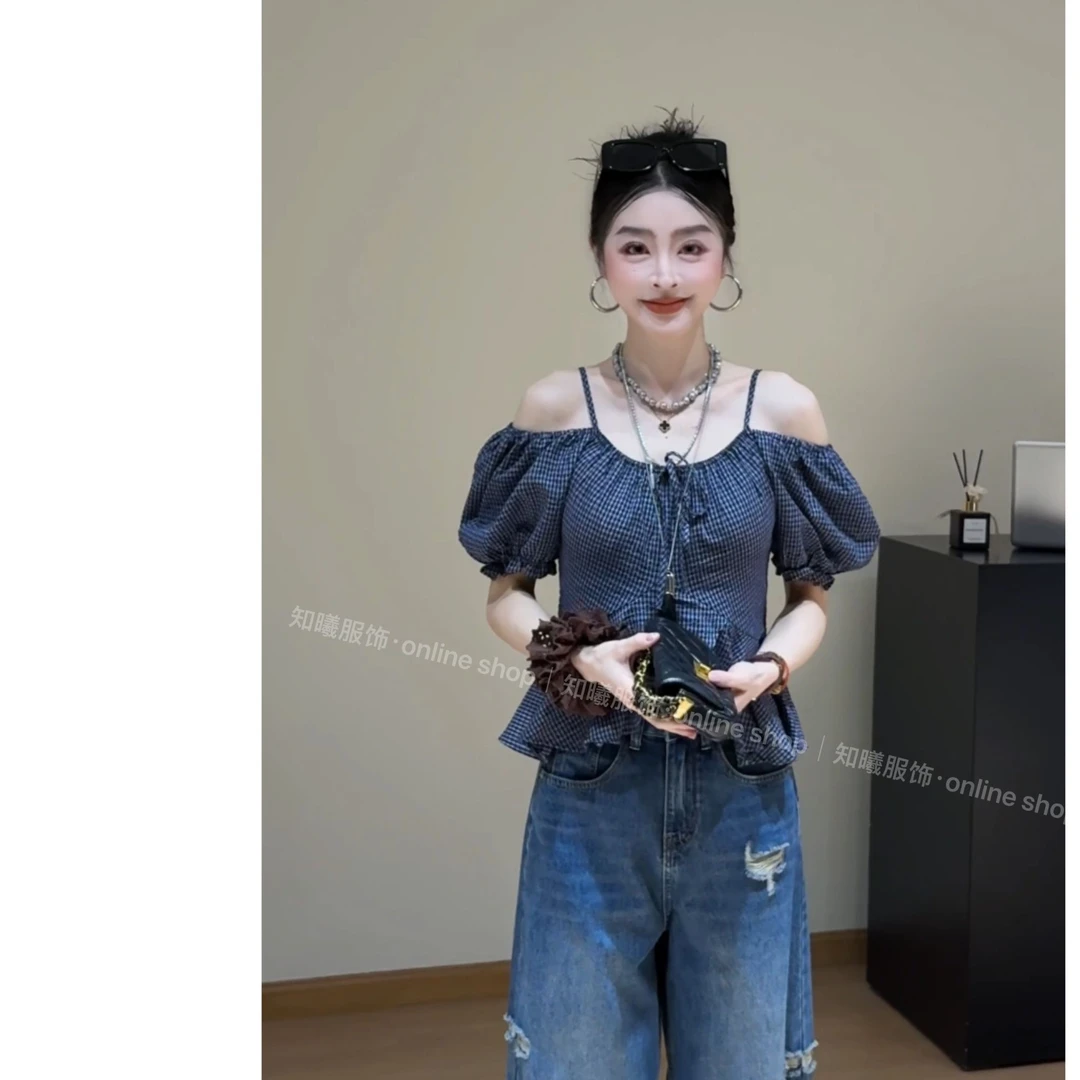 2025夏季新款洋气修身法式小众设计感格子衬衫百搭短袖上衣3329