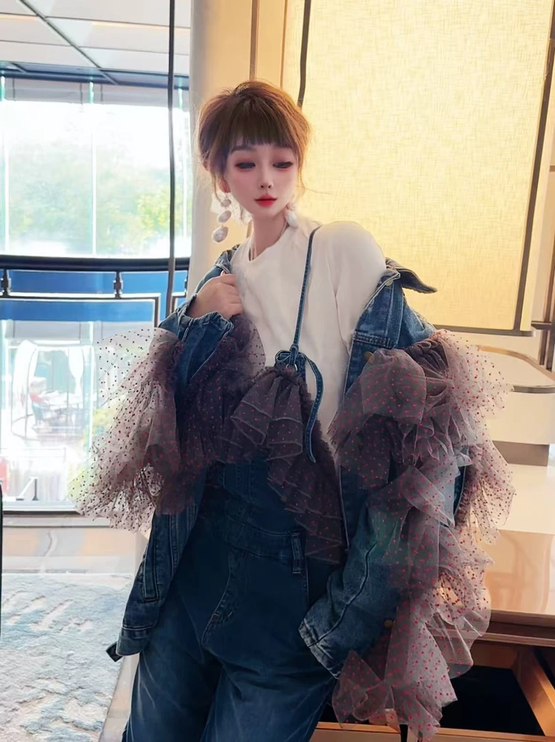 0151【熙妮潮牌】泰潮设计师款韩韩牛仔拼纱外套+洋气时髦背带裤