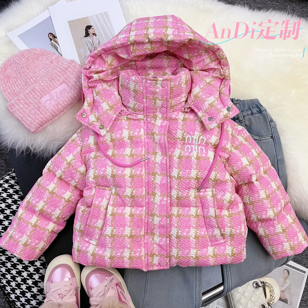 〖ANDI〗订制秋冬款中大童女童韩版时尚格子连帽羽绒服3076