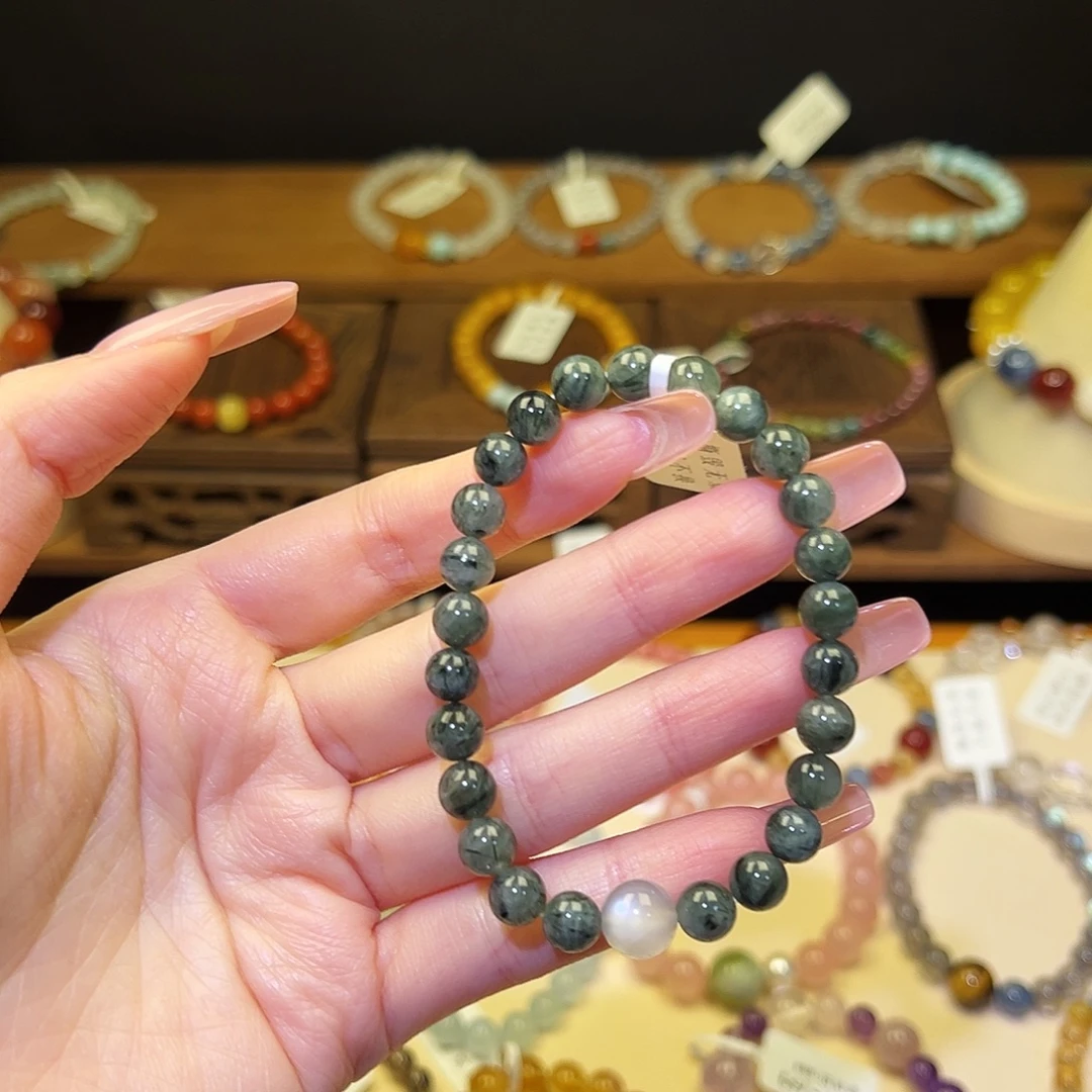 银S925镀金镶嵌手串水晶绿发2086