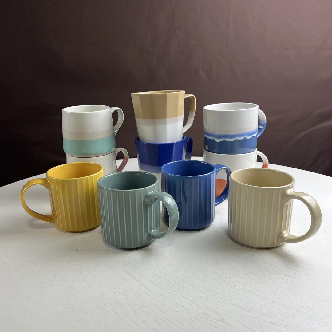 (微瑕)二只装  陶瓷咖啡杯马克杯浮雕时尚款高温陶瓷杯子简约窑变