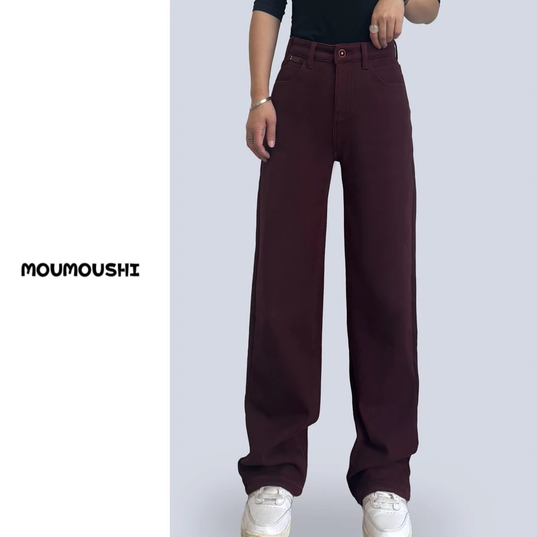 9018-0安可拉红直筒高腰窄版加厚加绒高弹力牛仔裤