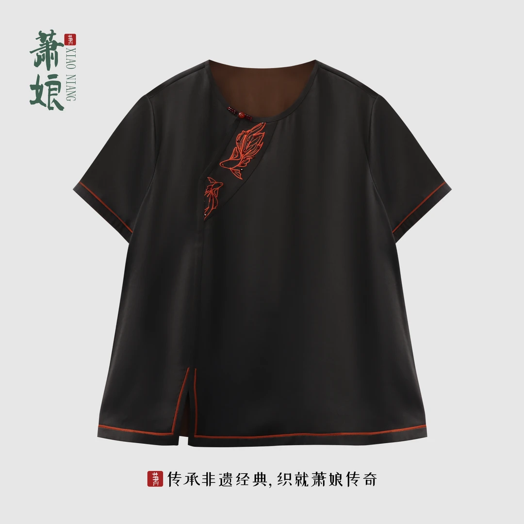 萧娘【瑞欣】素绉缎香云纱短袖上衣桑蚕丝新中式中国风女上衣5263