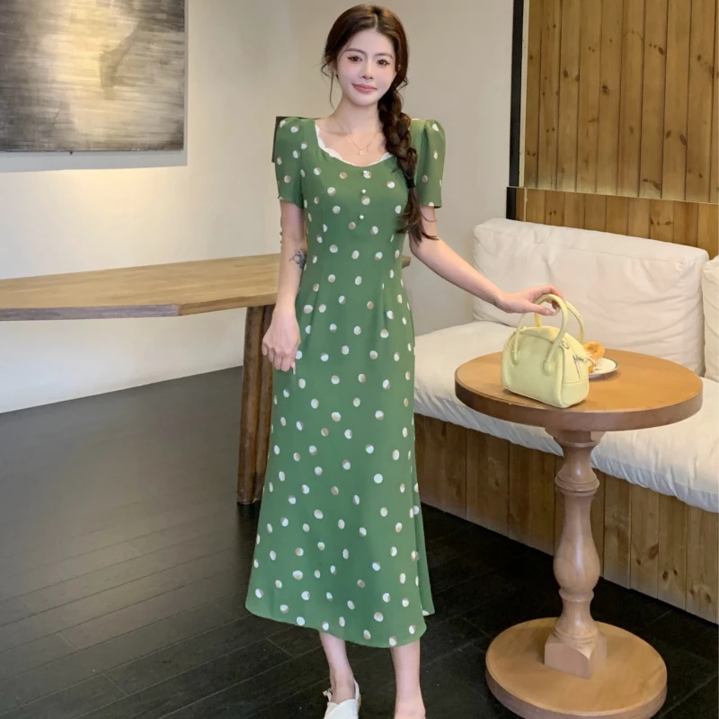 大码女装法式田园度假风甜美修身显瘦长裙夏新品绿色连衣裙1875