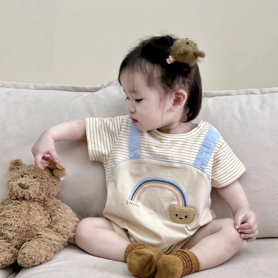 A类纯棉婴幼儿衣服夏季薄款连体衣新生儿宝宝假两件小熊短袖拼接
