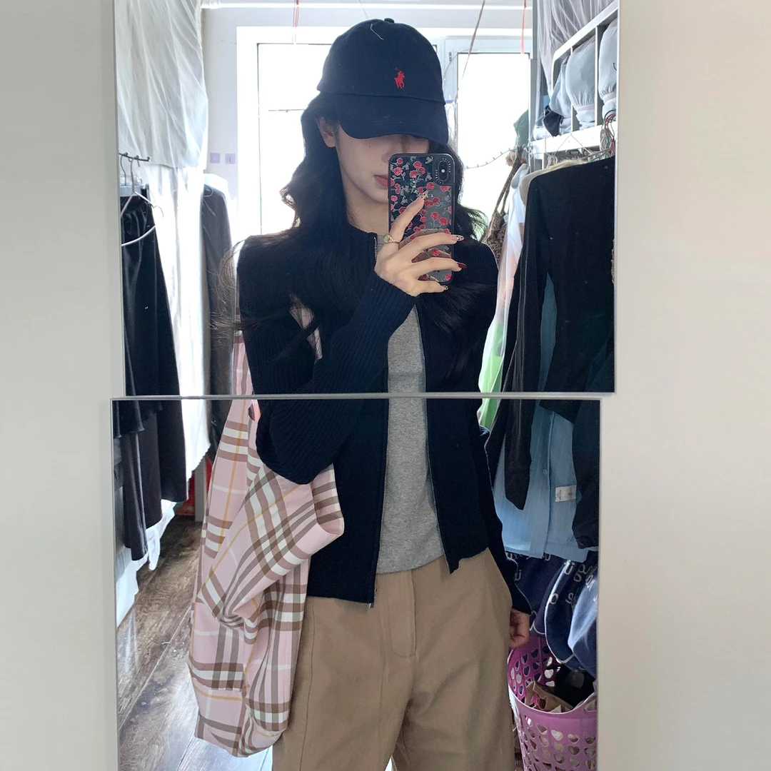 韩系美式黑色拉链针织开衫毛衣女春秋季2026新款外套修身短款上衣