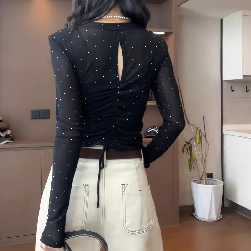 吼吼好看呐！2025秋季韩版气质高级波点撞色镂空薄款长袖上衣T恤女