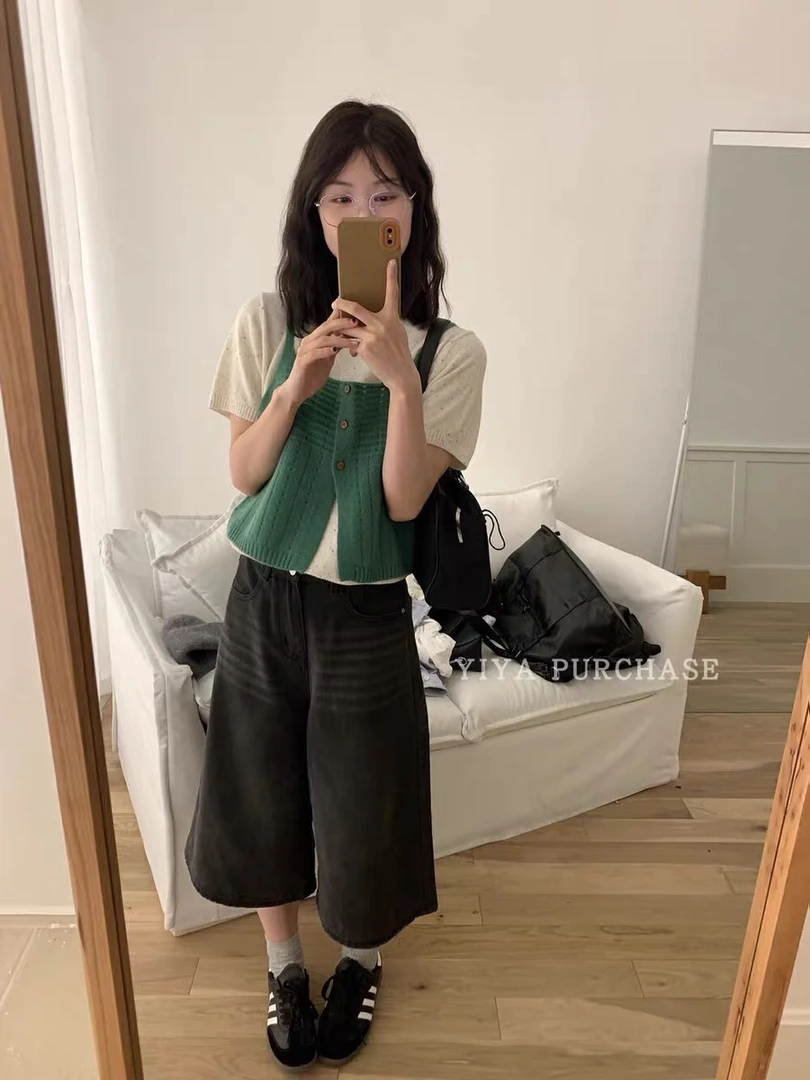 灰灰呀！巨爱怀旧复古 美式设计感宽松阔腿牛仔裤七分裤松弛感短裤