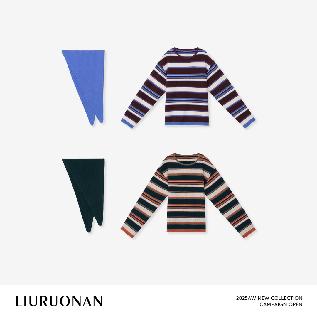 LIURUONAN 25WIN【魔法森林】全羊毛撞色横条纹圆领长袖保暖毛衣女