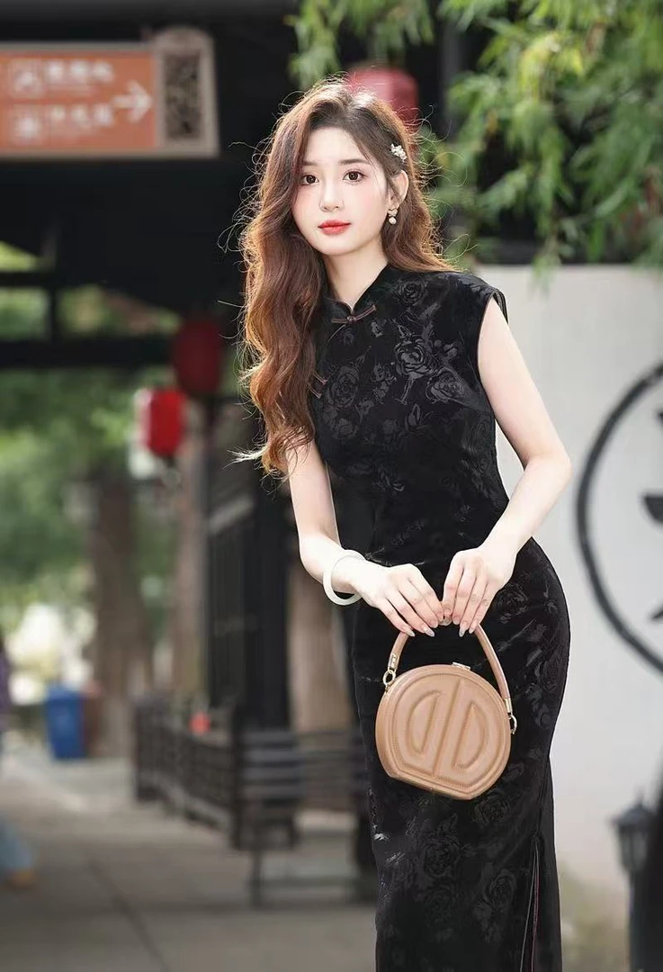 风华《黑玫瑰》黑色新中式通勤旗袍显瘦气质复古御姐风夏季