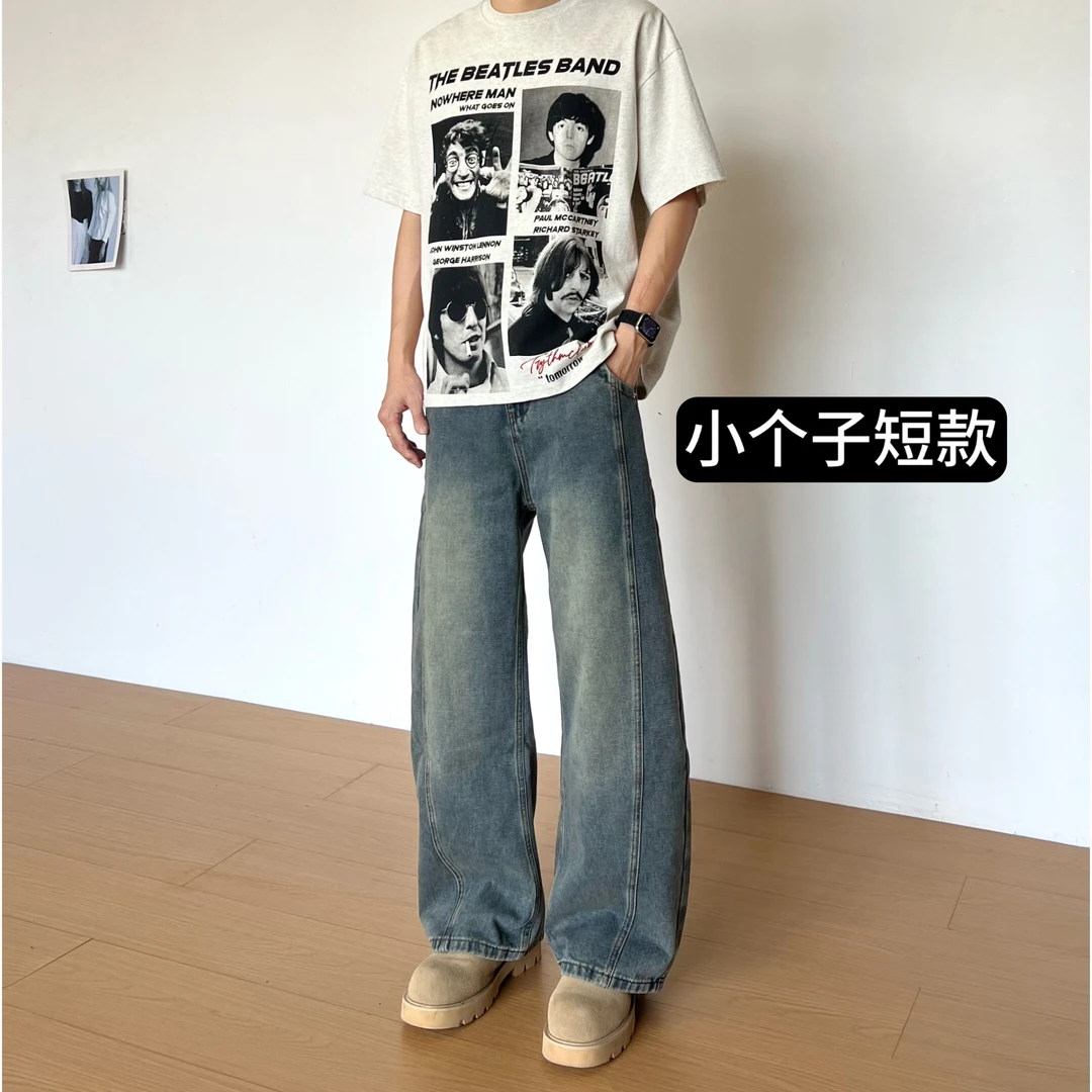 BBC【小个子定制短款】复古做旧明线秋冬季弯刀裤宽松阔型牛仔裤