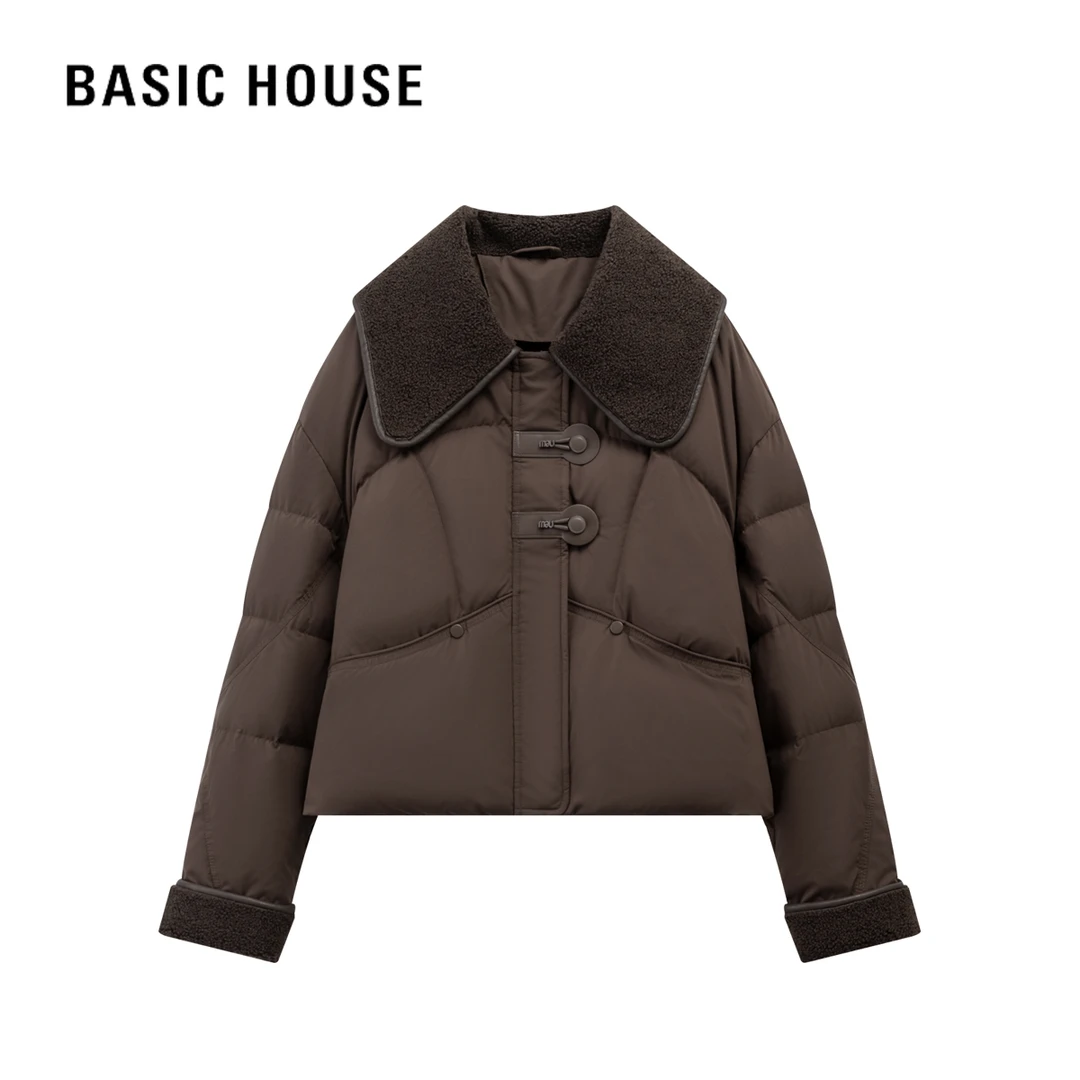 Basic House/百家好25冬季新款大气保暖外套翻领短款立领羽绒服女