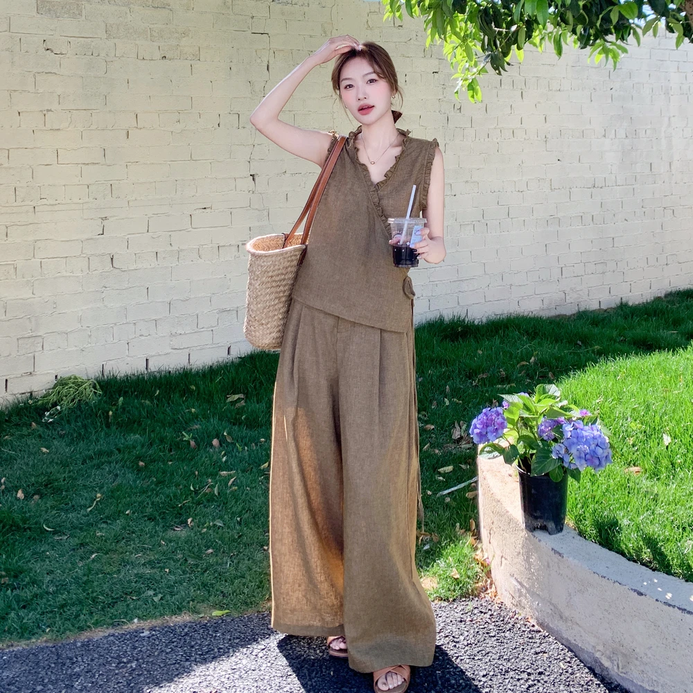 韩系气质慵懒松弛高级感套装女夏季2025新款无袖上衣阔腿裤两件套