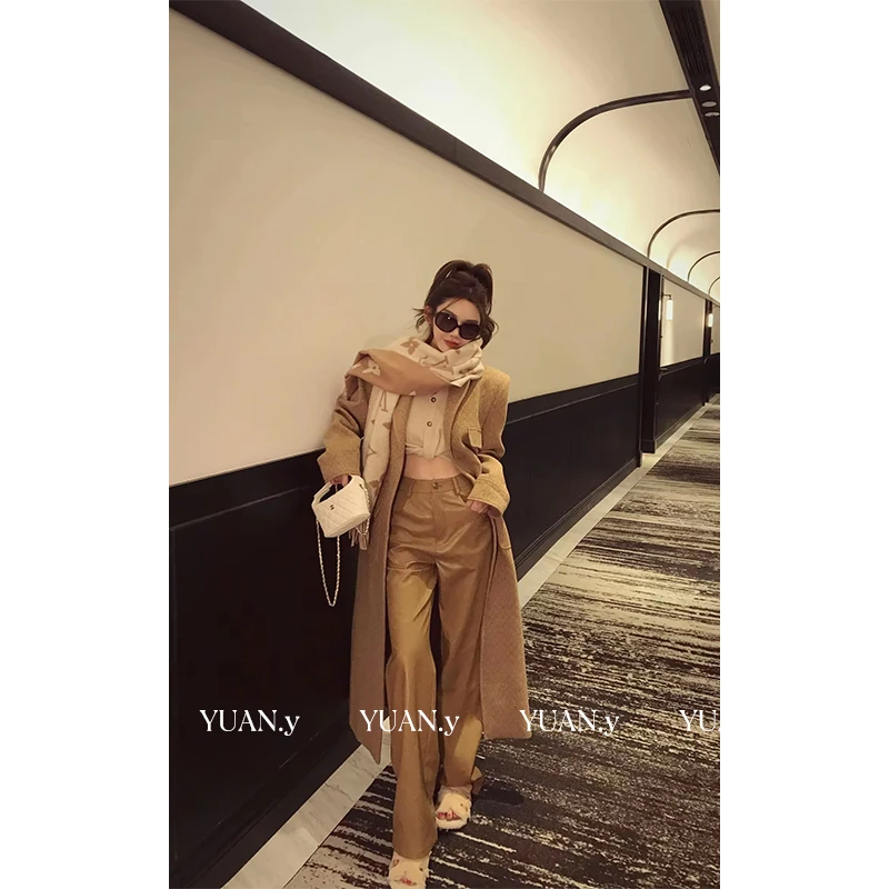 媛媛【日落巴萨】卡其色休闲直筒PU皮裤高腰显瘦休闲长裤子女#K1186