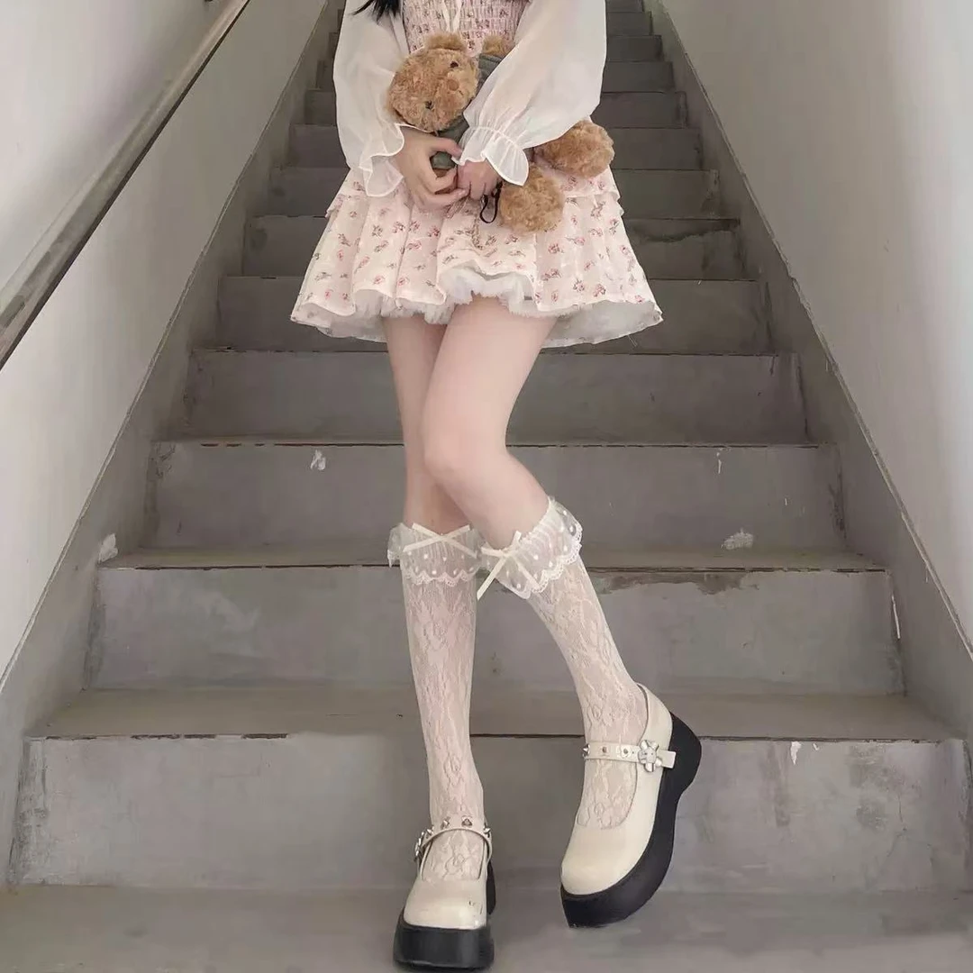 蕾丝袜洛丽塔小腿袜女袜夏季薄款蝴蝶结堆堆袜中筒袜ins袜子夏