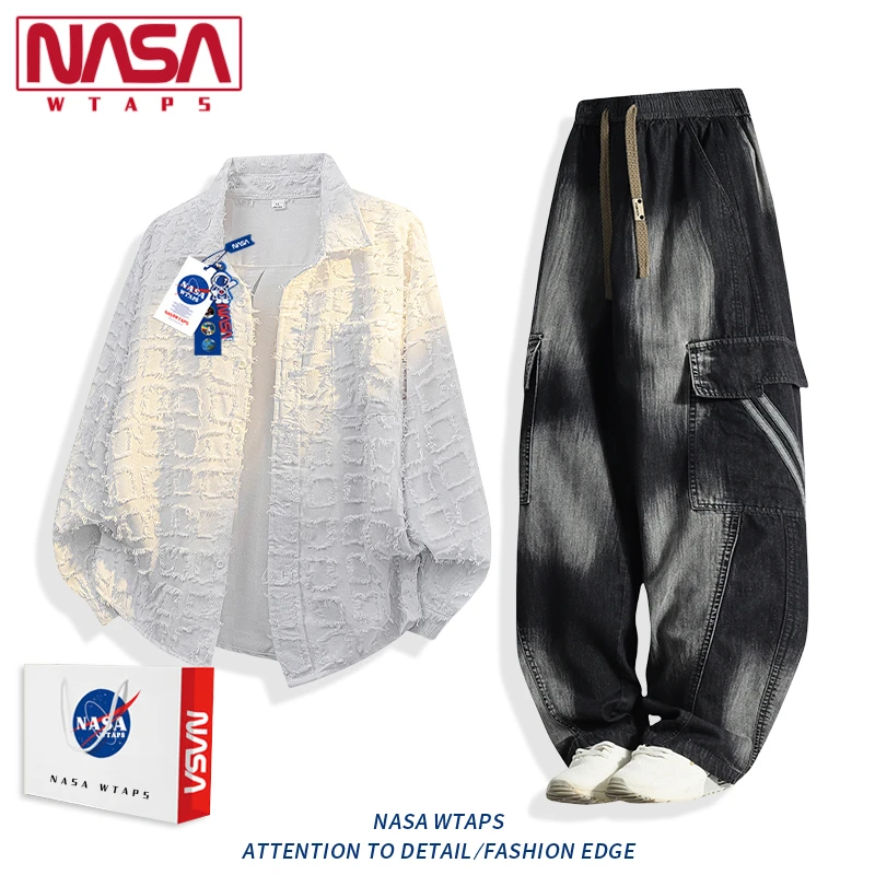 NASA WTAPS美式复古流苏长袖衬衫套装男春秋季宽松衬衣外套男款潮