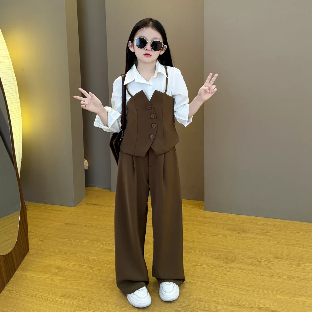女童2025新款韩范时髦假两件时尚衬衫上衣休闲阔腿西装裤两件套潮