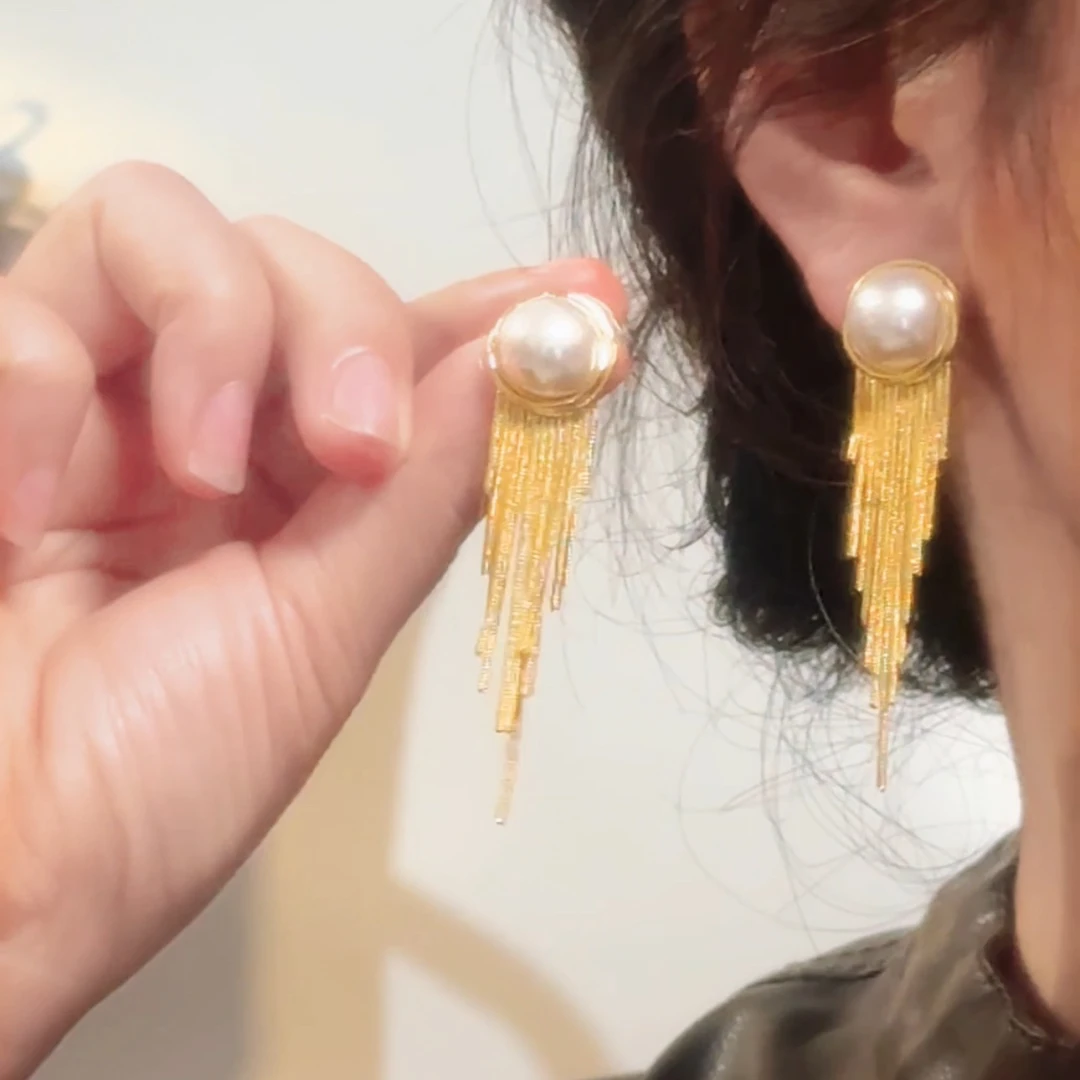 铜合金耳饰 复古欧美风女珠珠流苏耳环