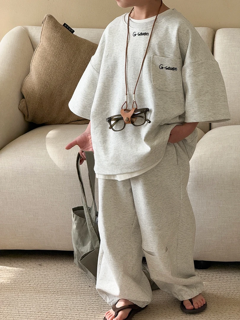 2025春季新品儿童洋气时尚帅气休闲韩版短袖长裤两件套套装五分袖