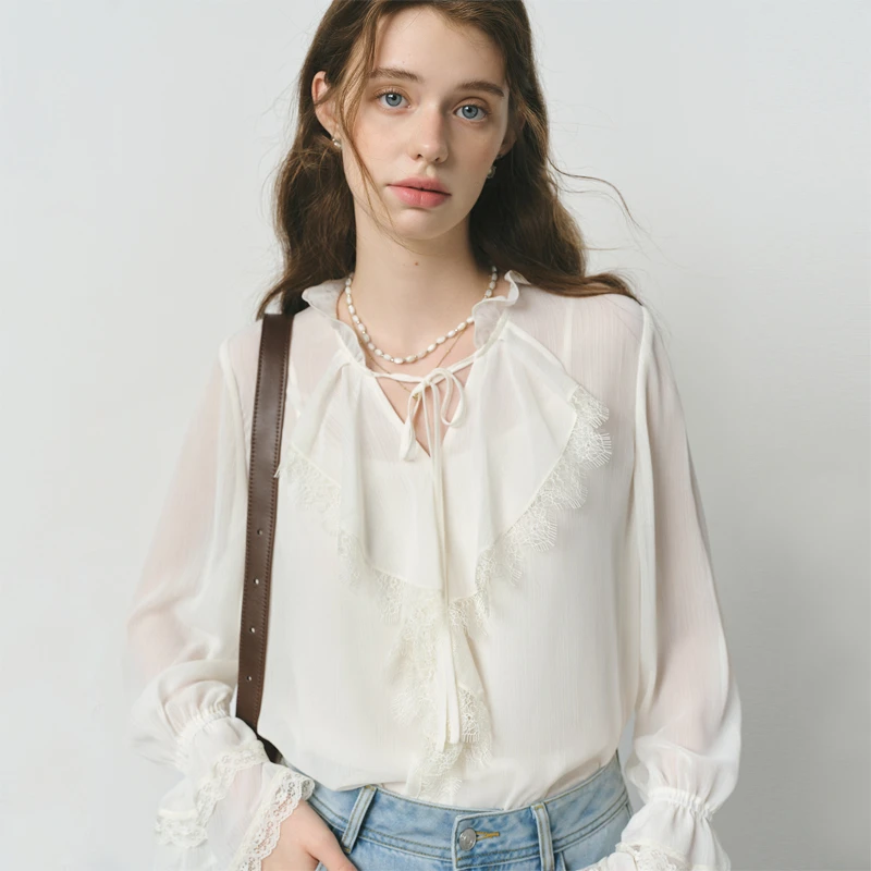 范思蓝恩通勤法式荷叶边衬衫女长袖2025早秋新款蕾丝25FS13232