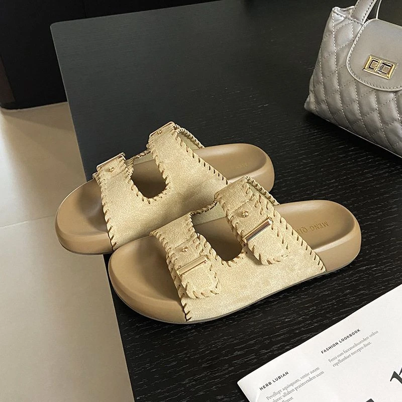 真皮复古扣手缝线厚底踩屎感拖鞋外穿女小码凉拖鞋小个子增高