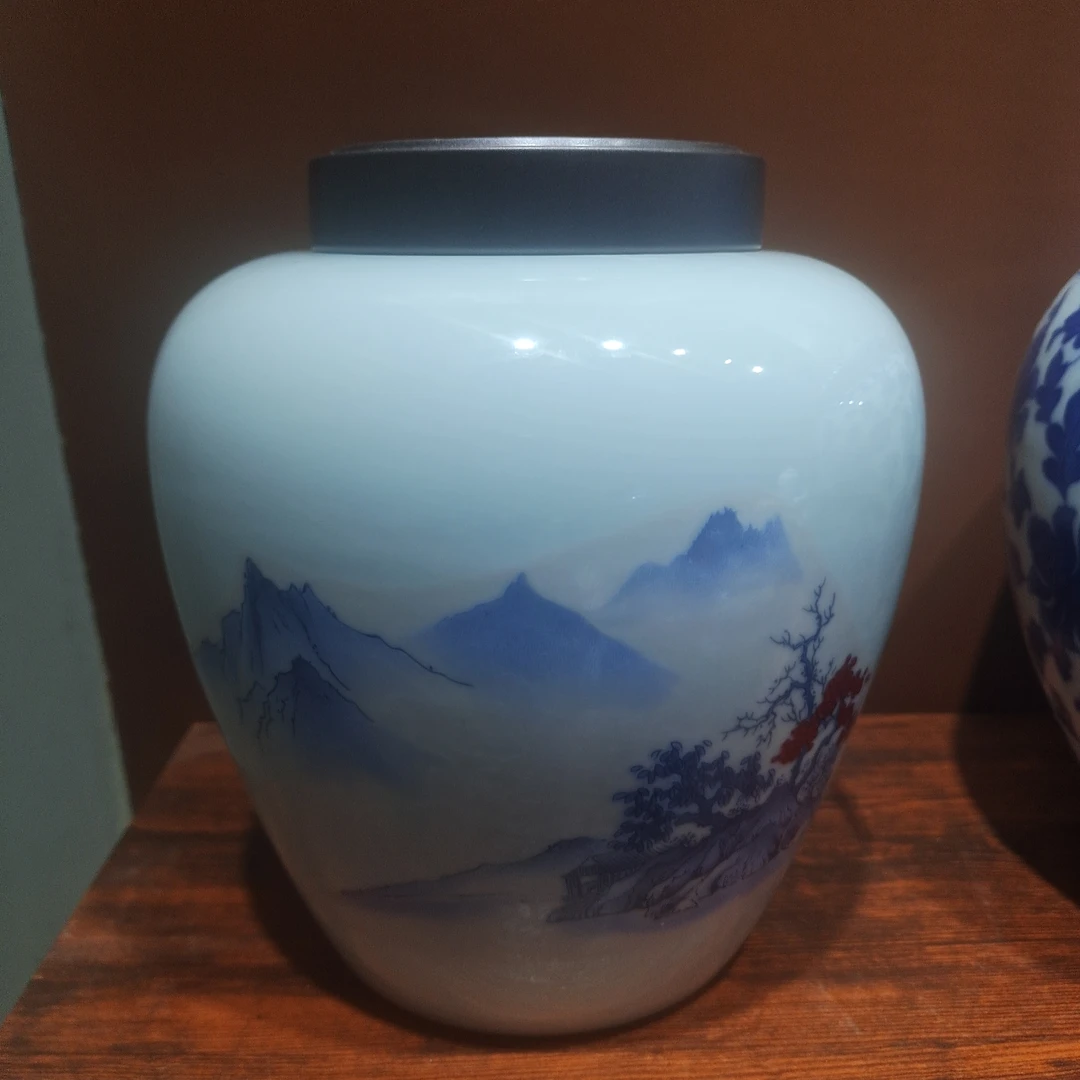 当代 中式青瓷茶叶罐陶瓷带盖防潮密封家用储物罐水容量约1600ml