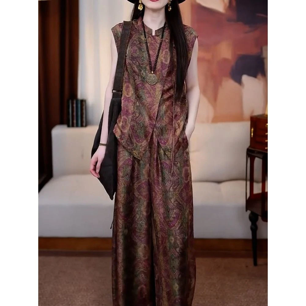 复古文艺风轻奢印花裤套装2025夏季新款无袖百搭显瘦衬衫+阔腿裤