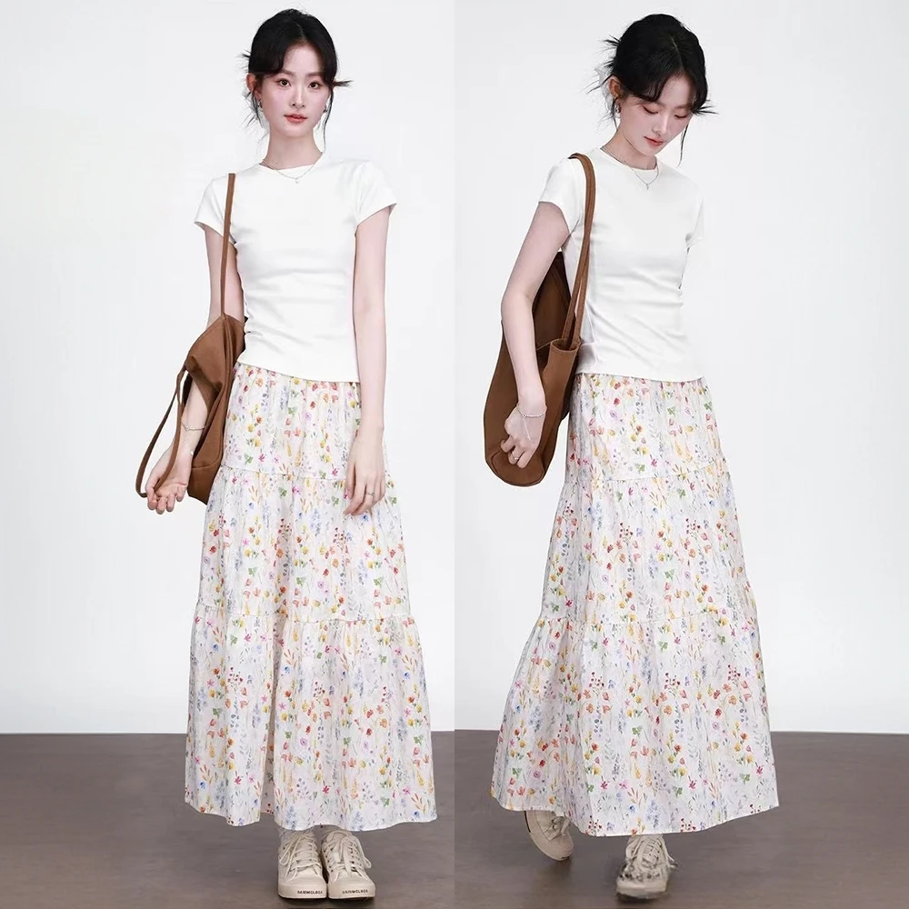 韩系白色复古碎花半身裙女夏季新款温柔风高腰拼接A字蓬蓬蛋糕裙