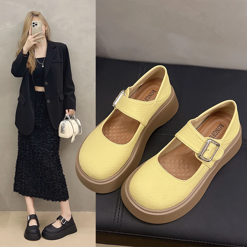 韩版女性2025年新款厚底玛丽珍鞋女一字扣带浅口单鞋百搭松糕鞋潮