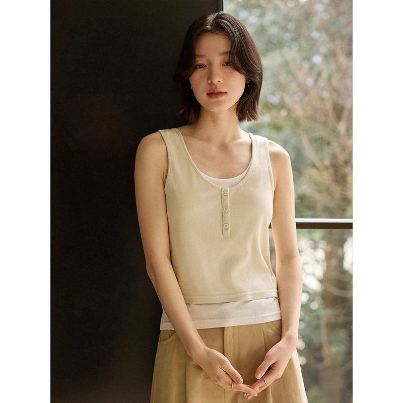 素典【超绝层次】懒人叠穿~U领针织吊带背心假两件无袖上衣3549