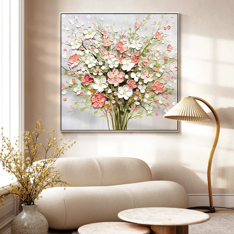 【春日花颜80*80】手绘油画沙发背景墙装饰画肌理画现代奶油风餐厅