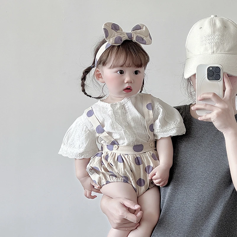 婴儿衣服夏装6-12月女宝宝套装小月龄上衣韩版洋气波点背带两件套