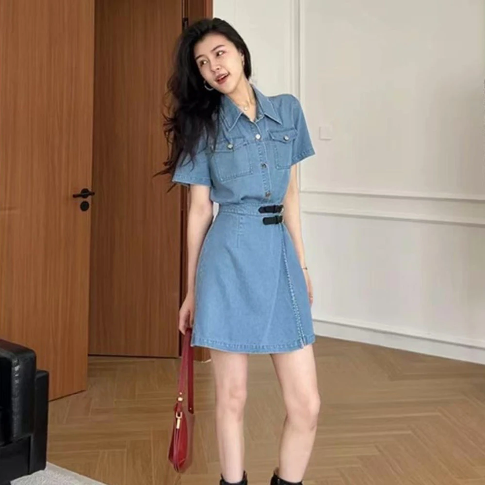 法式气质小个子港味简约复古风一片式收腰显瘦连衣裙牛仔A字裙