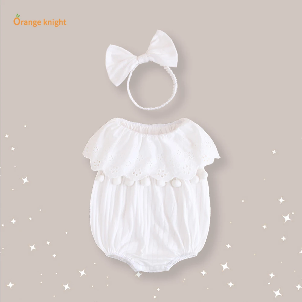 满月女婴儿甜美洋气小公主毛毛球镂空设计包屁连体衣爬服