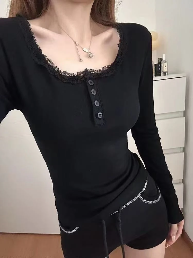 428 韩系甜美纯欲蕾丝花边显瘦螺纹棉质打底衫女春秋正内长袖上衣
