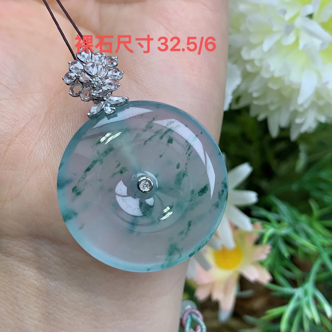 缅甸天然翡翠a货18k高冰起钢飘花平安扣吊坠美尺寸44.5/32.4/6mm