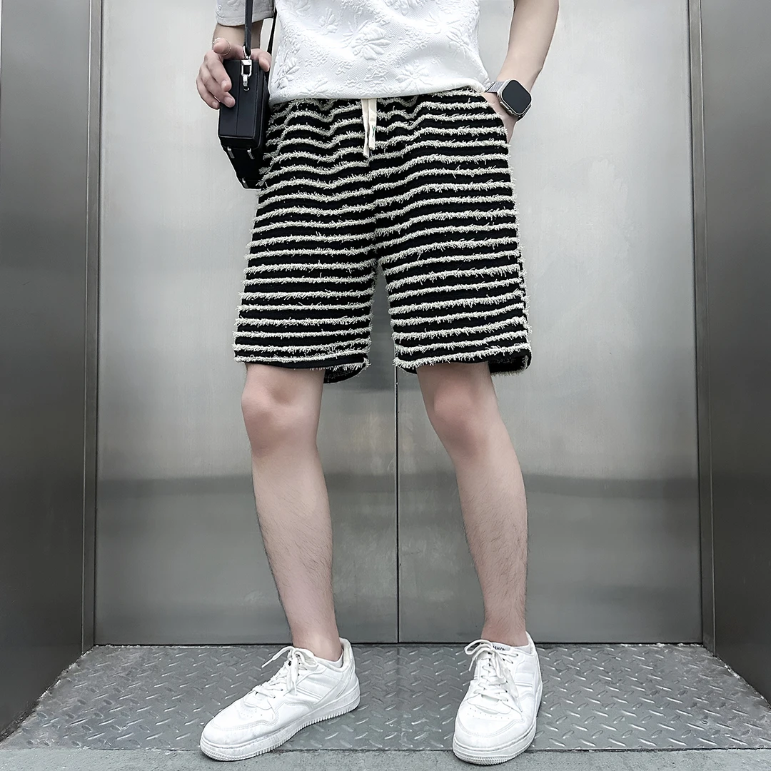 流苏条纹短裤男款夏季潮牌时尚弹力五分裤子百搭韩版休闲中裤男裤