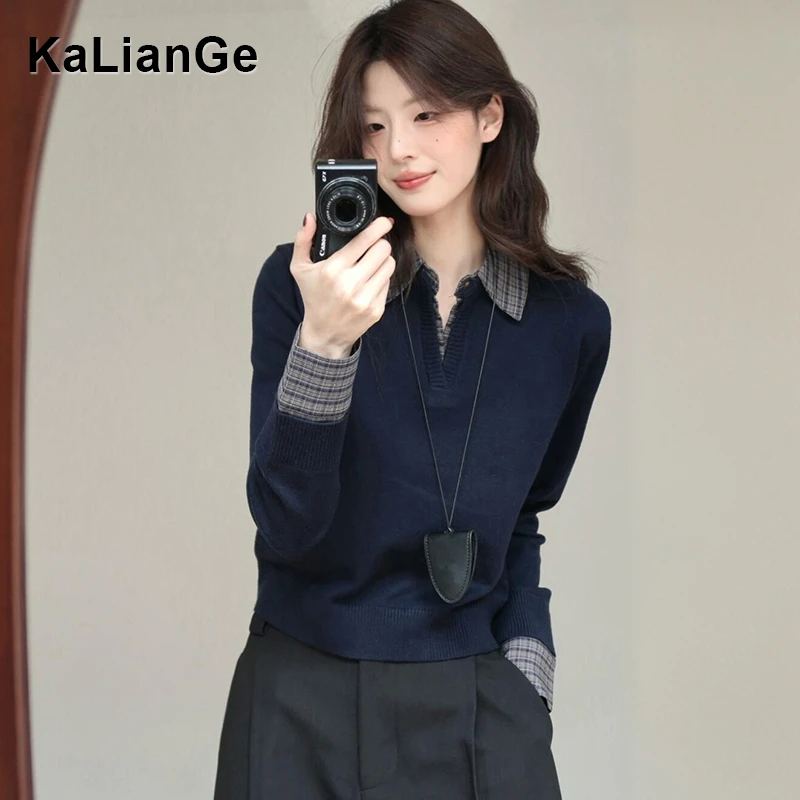 卡莲格/韩系翻领拼接长袖T恤女秋季款学院风polo领显瘦针织衫上衣
