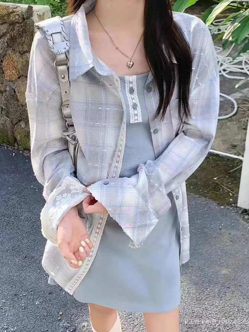 42#格子防晒衬衫+吊带裙女宽松高级感衬衣外套两件套（衣72裙85）