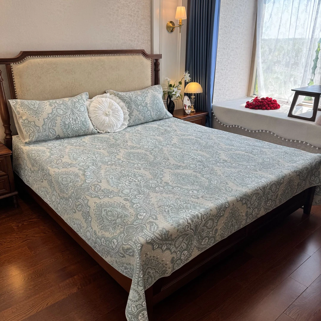 七七八八【蓝色佩斯利】全棉床盖三件套四季通用款床上铺盖加厚床单