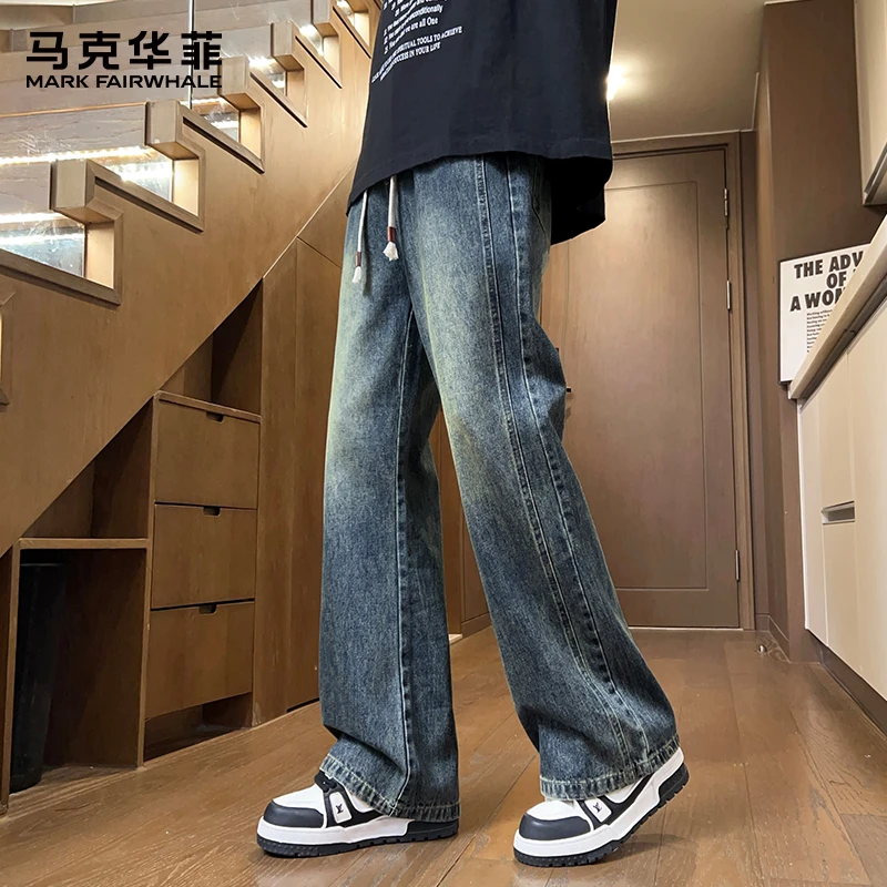 马克华菲美式复古牛仔裤男士秋季新款宽松直筒潮牌高街阔腿长裤子