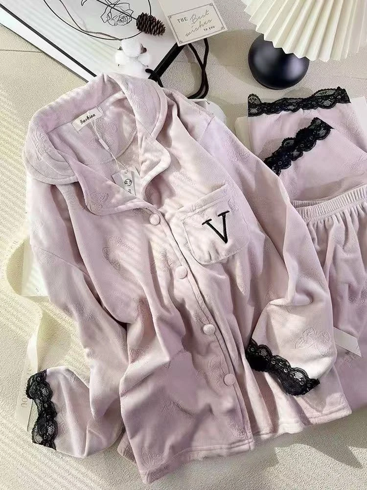 睡衣女款爆款2025秋冬海岛绒蕾丝花边蕾丝长袖长裤保暖休闲家居服