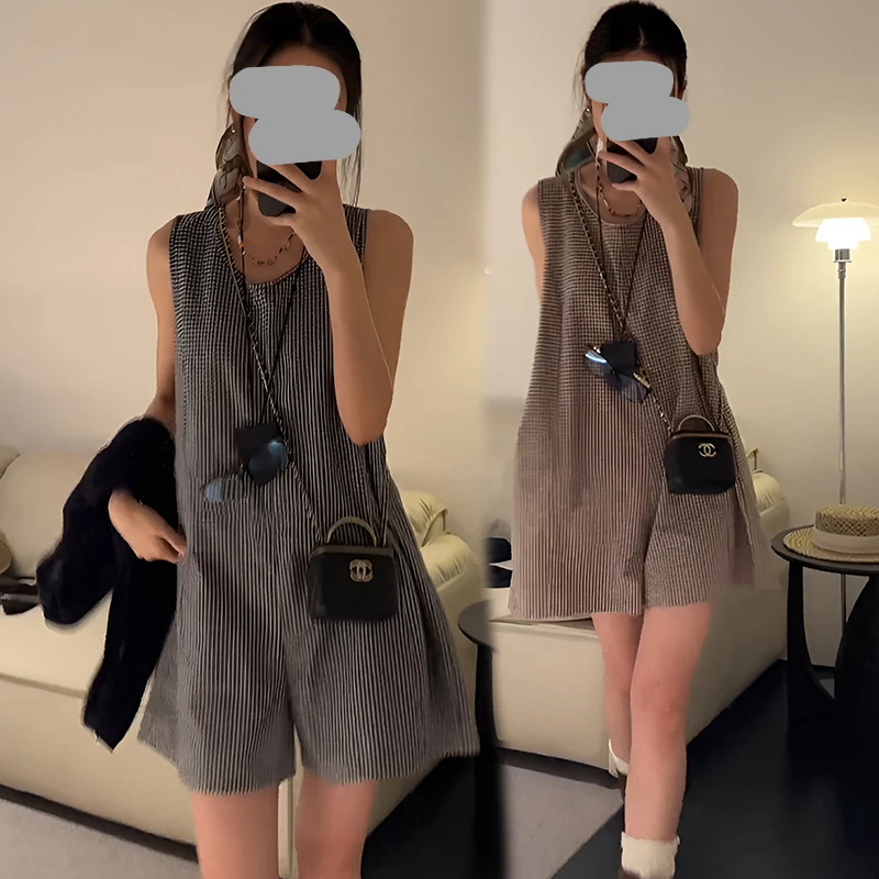 时尚百搭条纹格纹休闲连体裤女2025夏季新款小个子独特别致阔腿裤