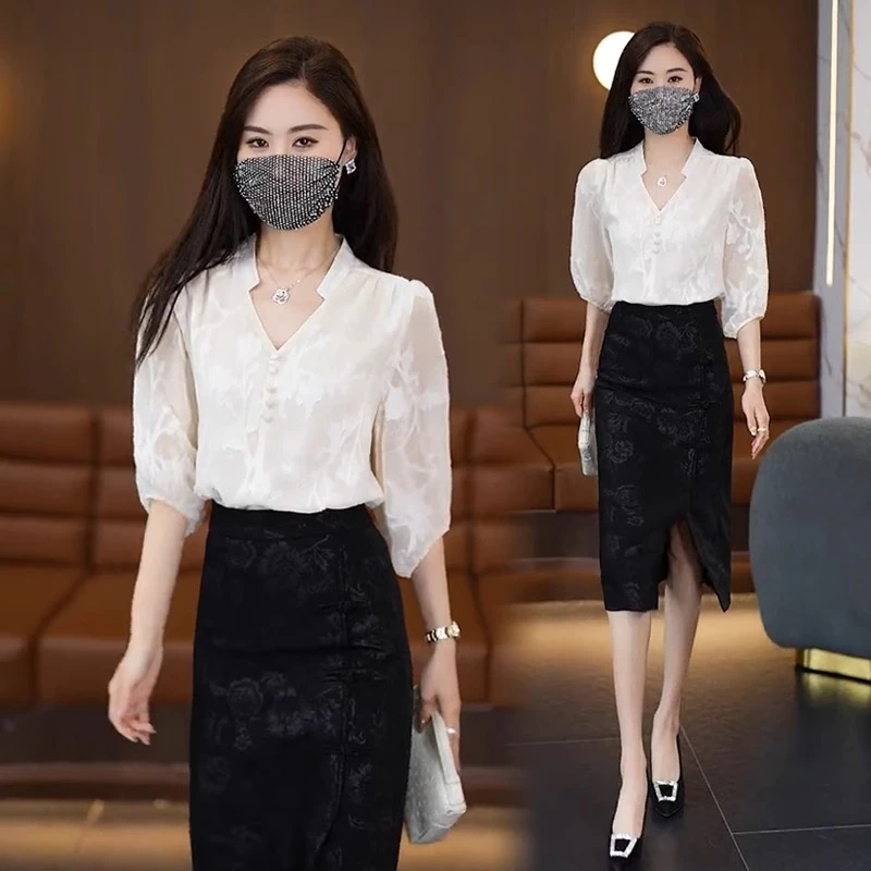 La babite 时尚洋气提花衬衫女夏季新款气质显瘦衬衣半身裙两件套