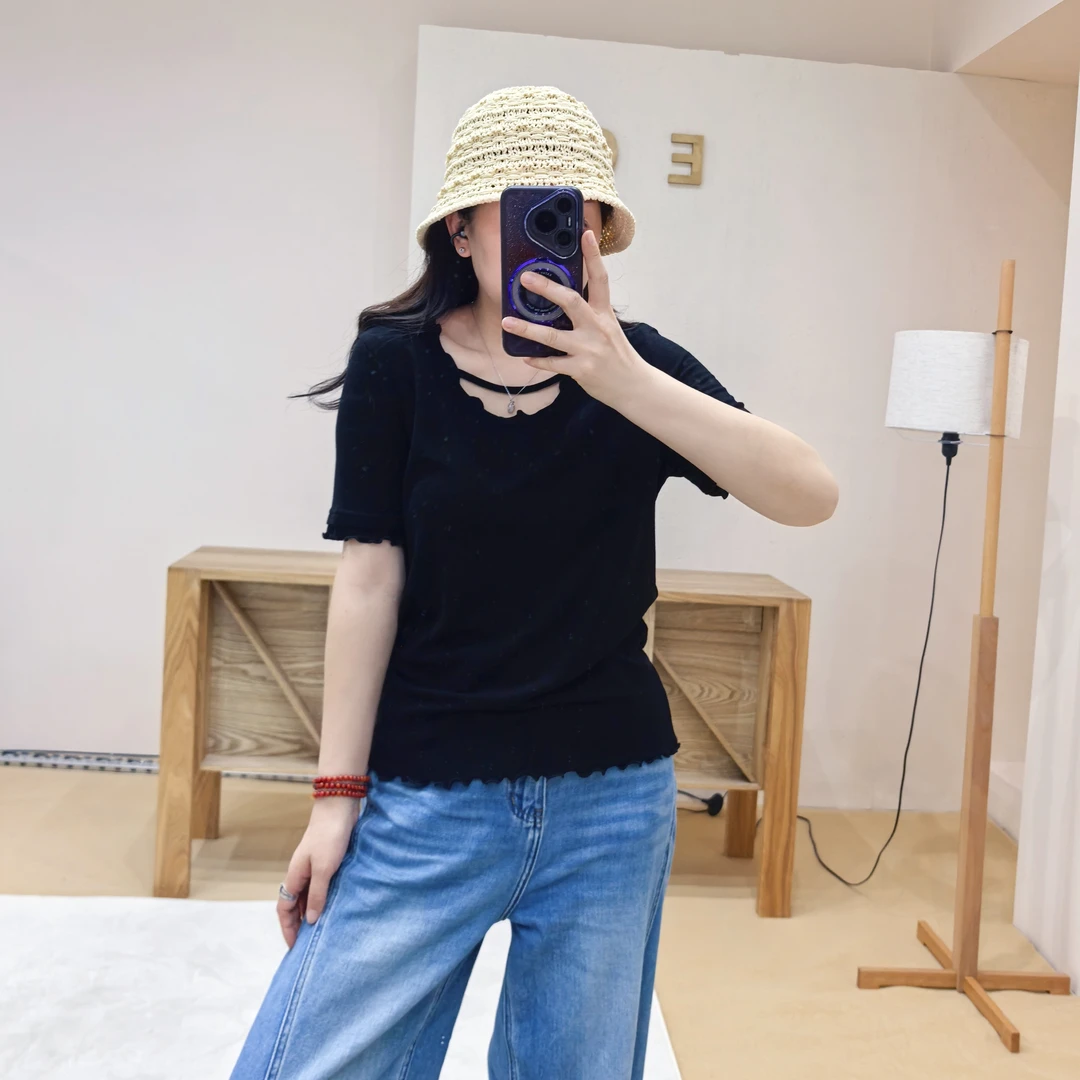 夏季新款天丝羊毛超轻薄木耳边短袖T恤11609
