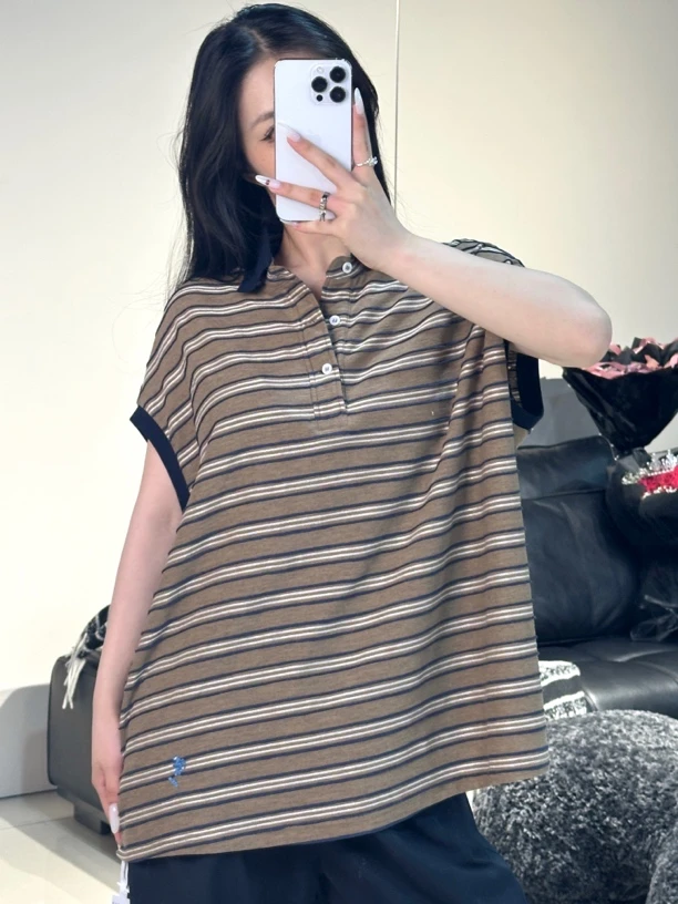 卡其色polo拼色针织撞色无袖宽松撞色T恤条纹