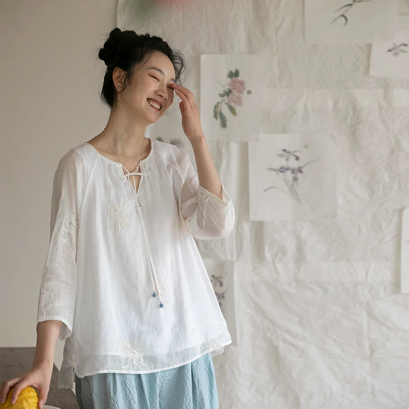 牧衣游原创 机绣苎麻套头衫新款轻薄舒适圆领白色七分袖上衣 风止