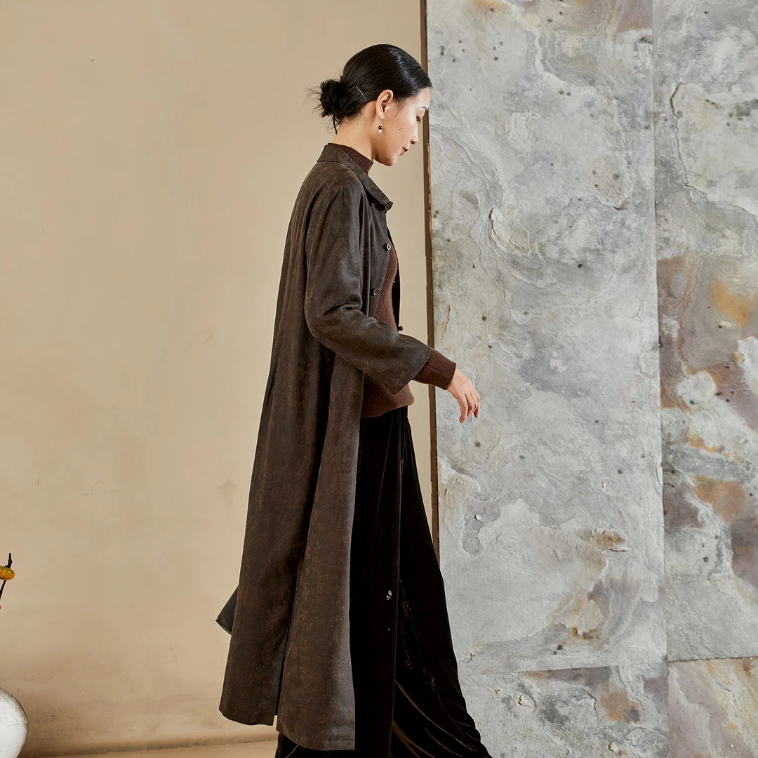 布小匠原创设计桑蚕丝提花香云纱长款外套女2025新款复古气质风衣