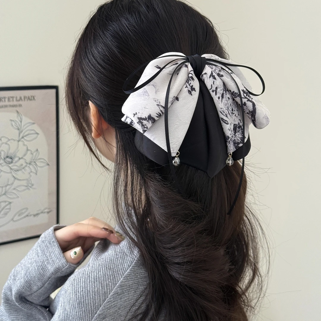 高级感水墨印花蝴蝶结抓夹新中式后脑勺半扎马尾夹