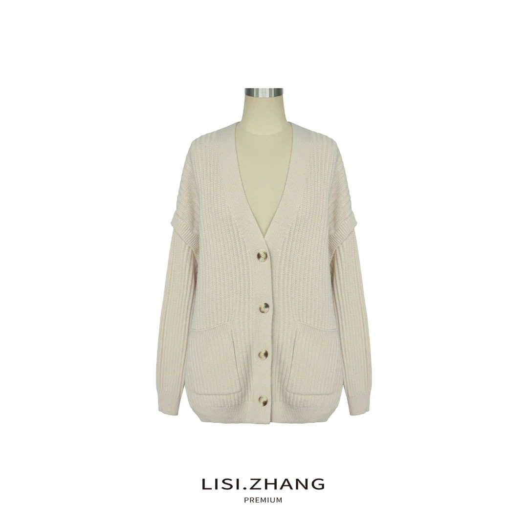 LISI.ZHANG--【两穿羊毛开衫】可拆卸袖V领坑条纹全羊毛针织开衫